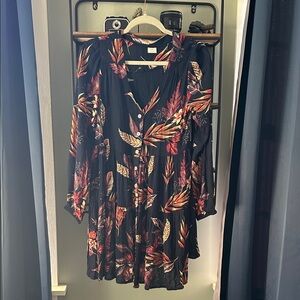 Patrons of Peace Navy Dress with Red and Cream Leaf Motif